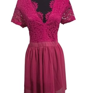 Club L London Pink Lace Mini Dress – Short Sleeve Fitted Waist Cocktail Size 16
